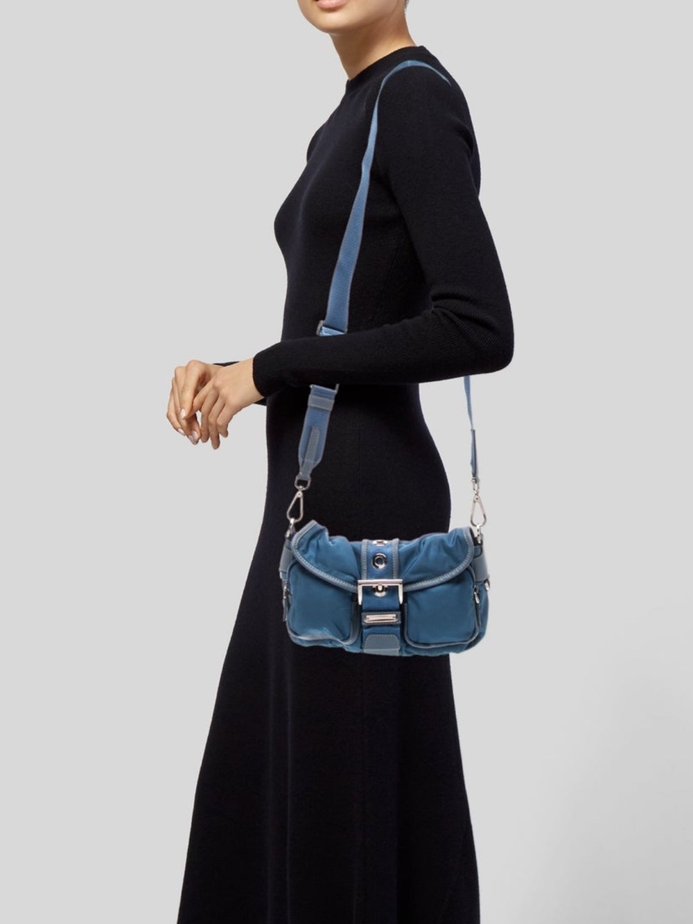 Prada Teal-Blue Nylon Shoulder Bag with Buckle Strap - Picture 2 of 7